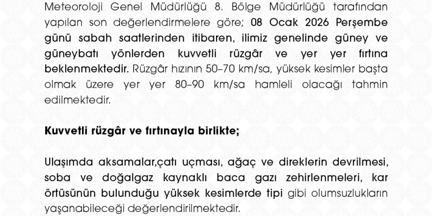 Niğde Valiliği’nden Kuvvetli Rüzgar Ve Fırtına Uyarısı