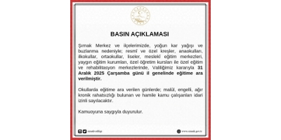 Şırnak’ta Okullar Çarşamba Günü Tatil Edildi