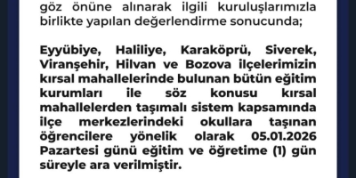 Şanlıurfa’da Bazı İlçelerin Kırsal Bölgedeki Okulları Tatil Edildi