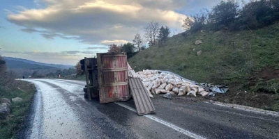 Gönen-denizkent Yolunda Kamyon Devrildi