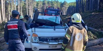 Uludağ’da İnanılmaz Olay: Kesilen Ağaç Kamyonetin Üzerine Devrildi