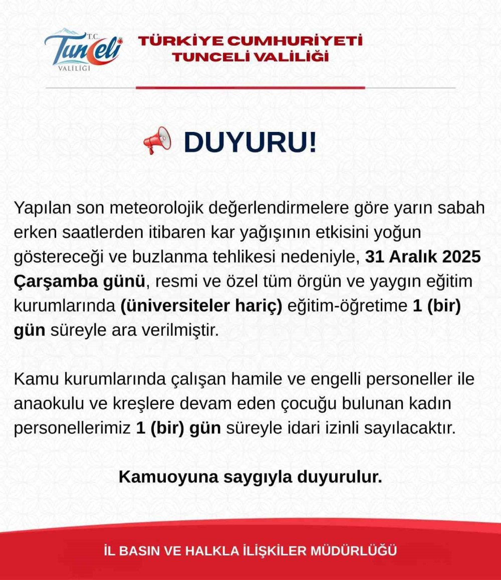 Kar Tatili.. Tunceli’de Eğitime 1 Gün Ara Verildi!