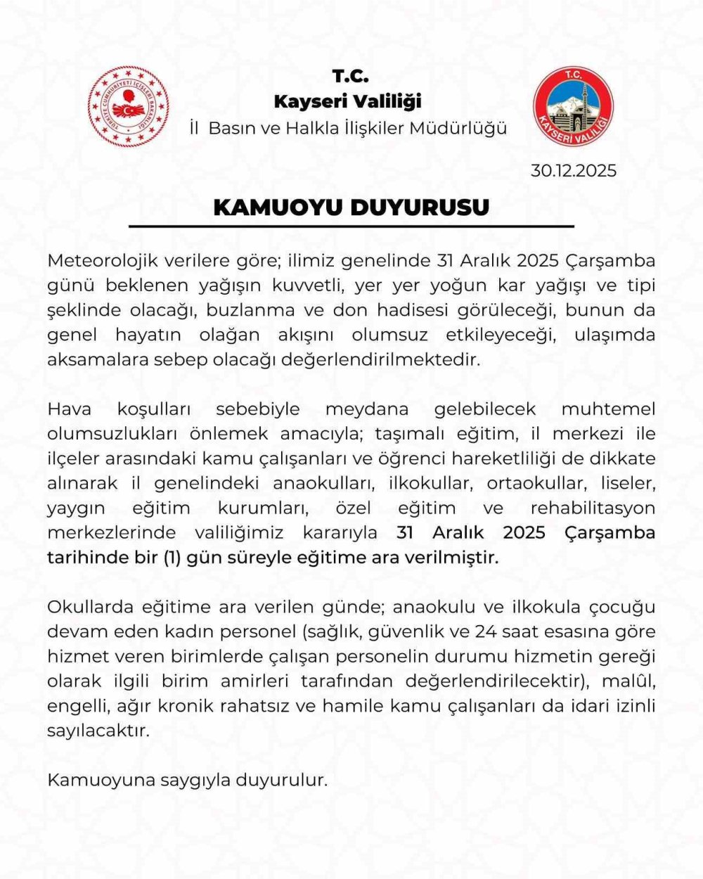 Kayseri’de Eğitime 1 Gün Ara Verildi
