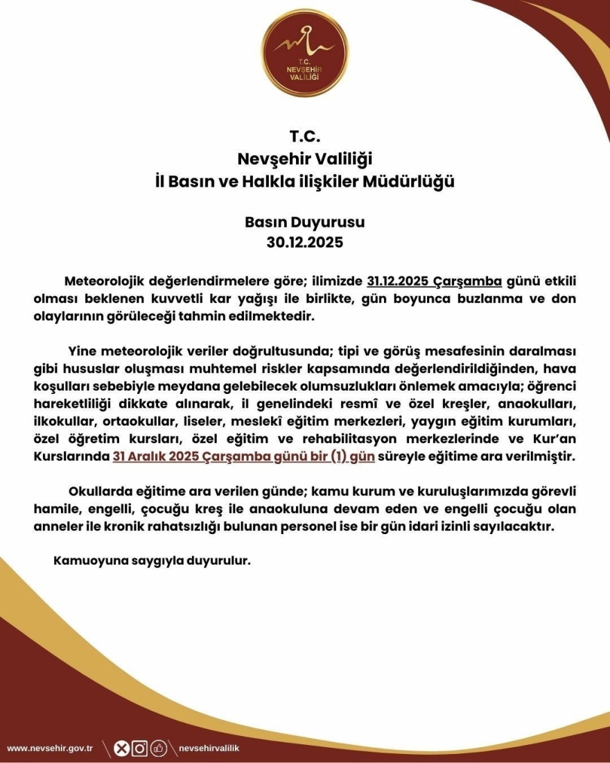 Nevşehir’de Eğitime 1 Gün Ara Verildi