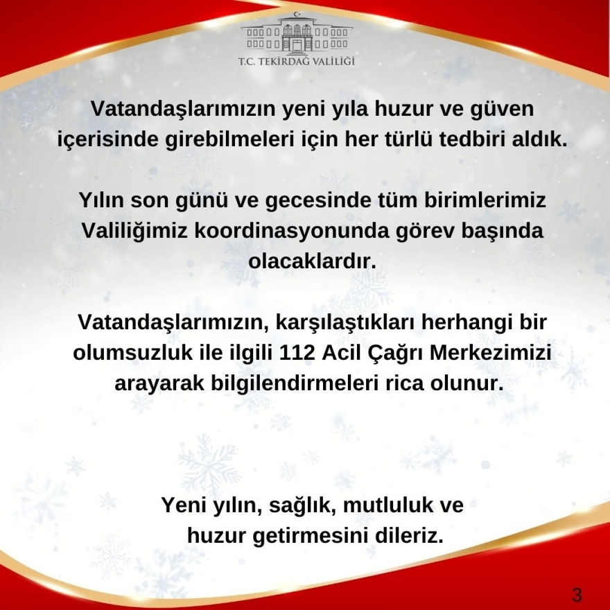 Tekirdağ’da Yılbaşı Tedbirleri: 2 Bin 816 Personel Görev Başında Olacak
