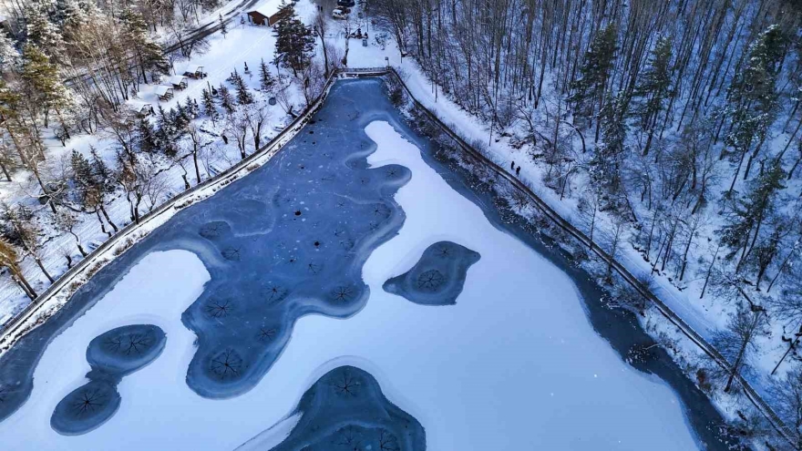 Karagöl Tabiat Parkı Beyaza Büründü, Gölün Yüzeyi Buz Tuttu