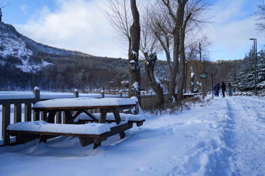Karagöl Tabiat Parkı Beyaza Büründü, Gölün Yüzeyi Buz Tuttu