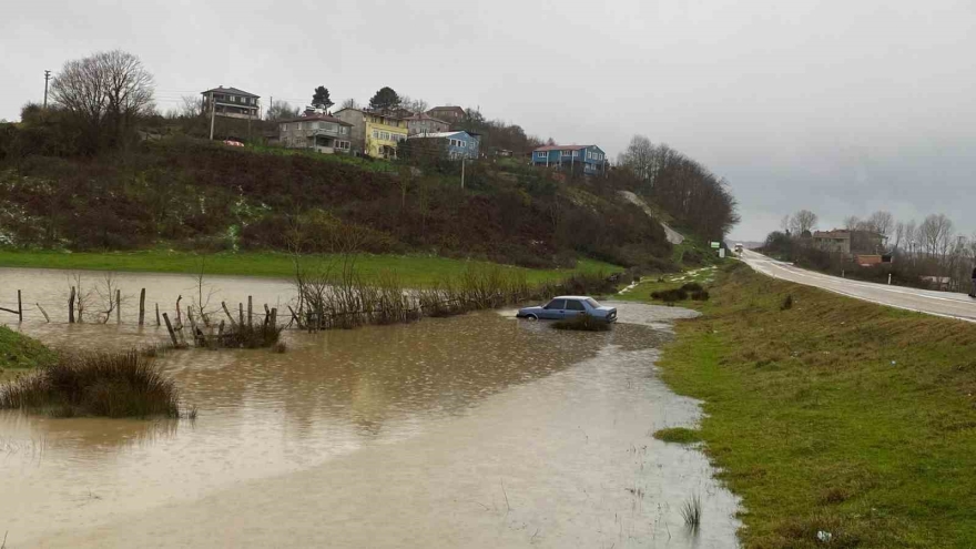 Sinop’ta Kontrolden Çıkan Otomobil Su Birikintisine Düştü