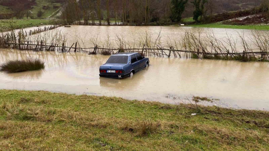 Sinop’ta Kontrolden Çıkan Otomobil Su Birikintisine Düştü