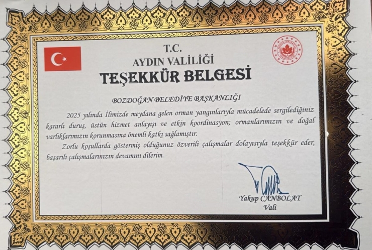Aydın Valiliği’nden Bozdoğan Belediyesi’ne Teşekkür