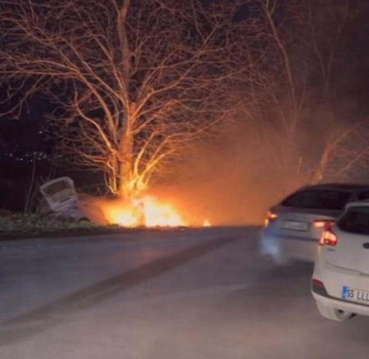 Bursa’da Kontrolden Çıkan Otomobil Önce Ağaca Çarptı Sonra Alev Aldı