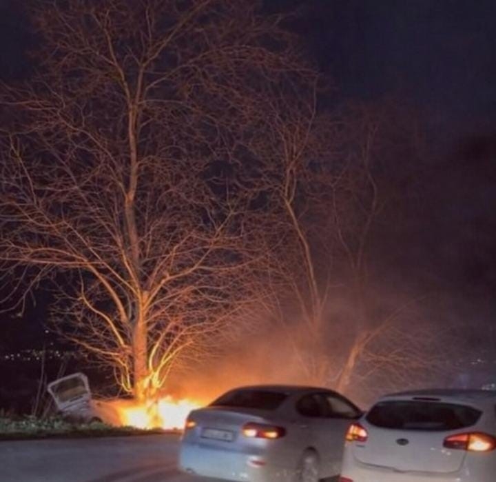 Bursa’da Kontrolden Çıkan Otomobil Önce Ağaca Çarptı Sonra Alev Aldı