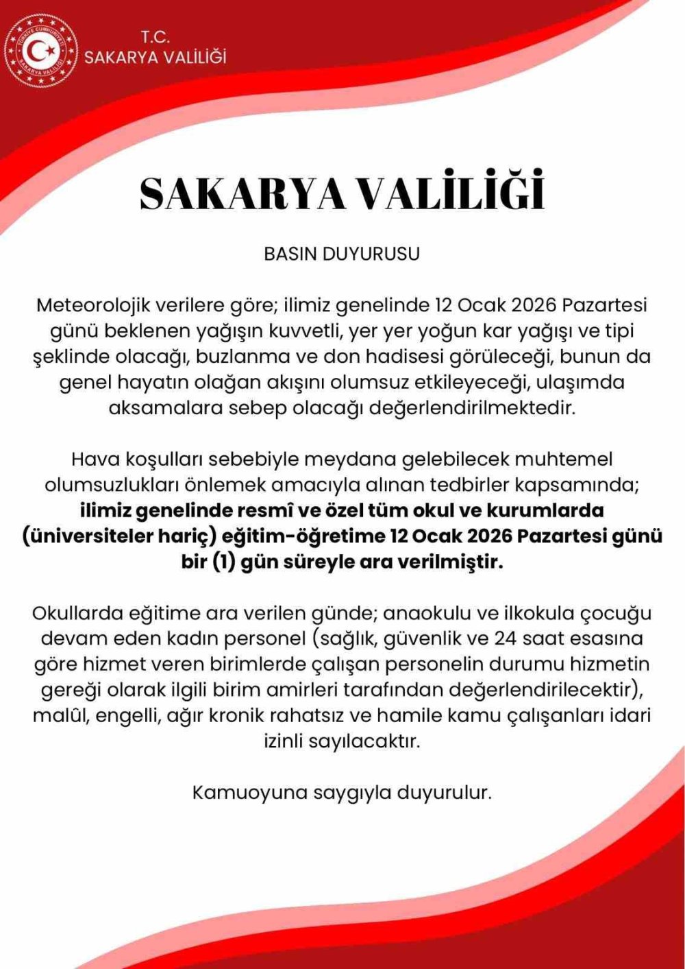 Sakarya’da Eğitime Kar Tatili