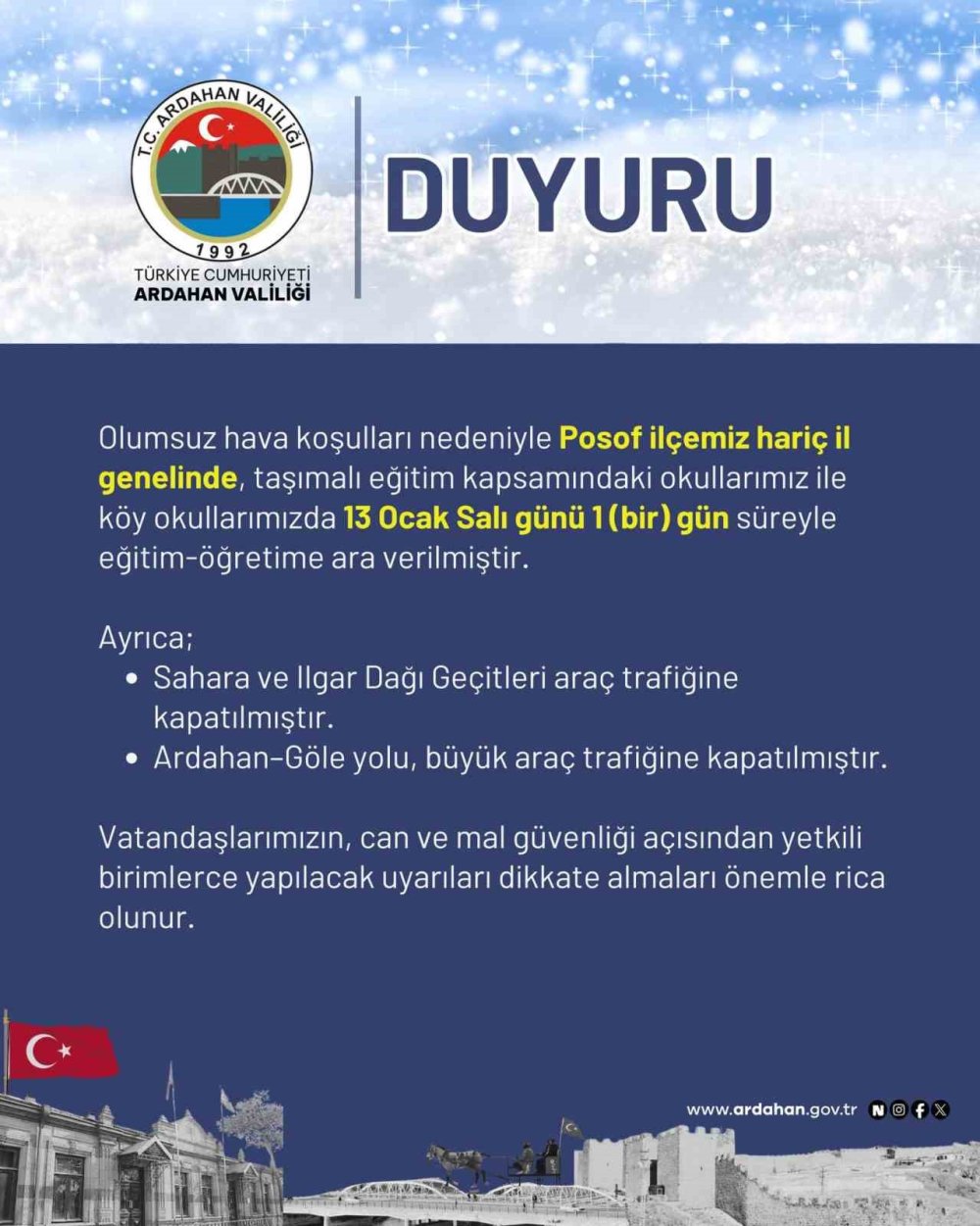 Ardahan’da Taşımalı Eğitime Kar Engeli