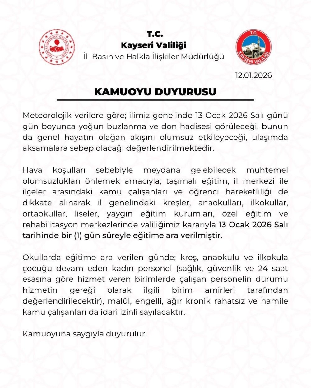 Kayseri’de Eğitime 1 Gün Ara Verildi