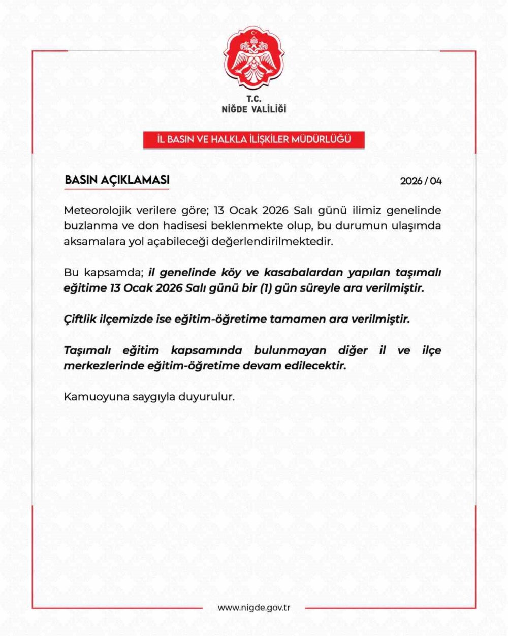 Niğde’de Buzlanma Nedeniyle Taşımalı Eğitime 1 Gün Ara Verildi