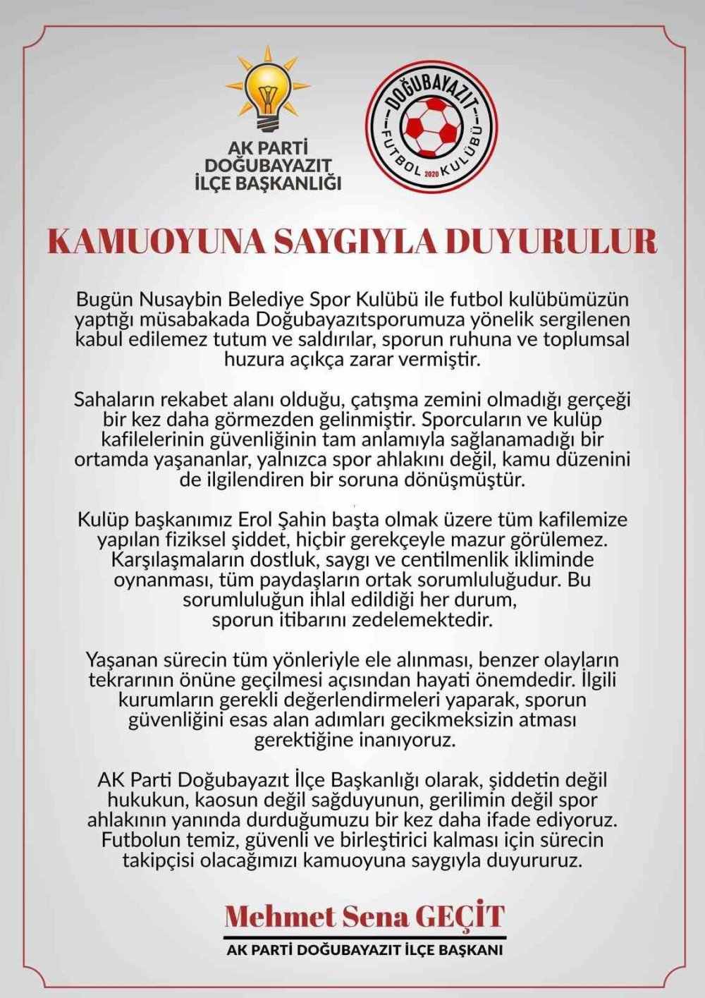 Doğubayazıt FK Maçı Sonrası Şiddet İddiası.. AK Parti İlçe Başkanı’ndan Tepki!