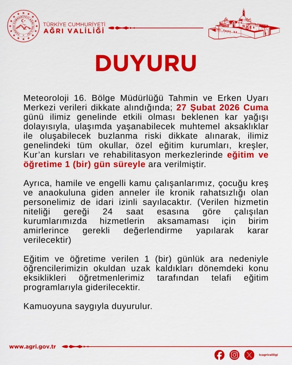 Ağrı’da Eğitime Kar Engeli
