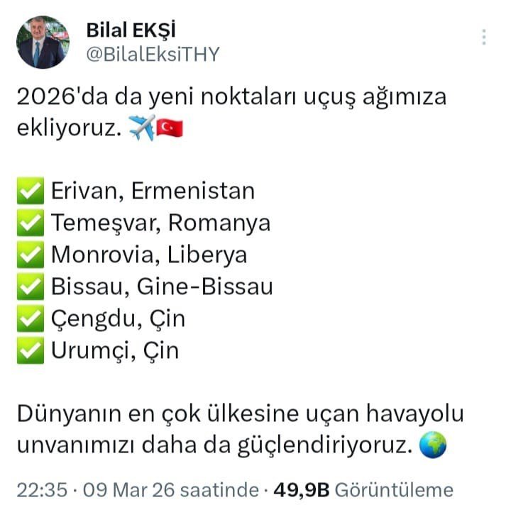 THY Genel Müdürü Bilal Ekşi 6 Yeni Rotayı Duyurdu
