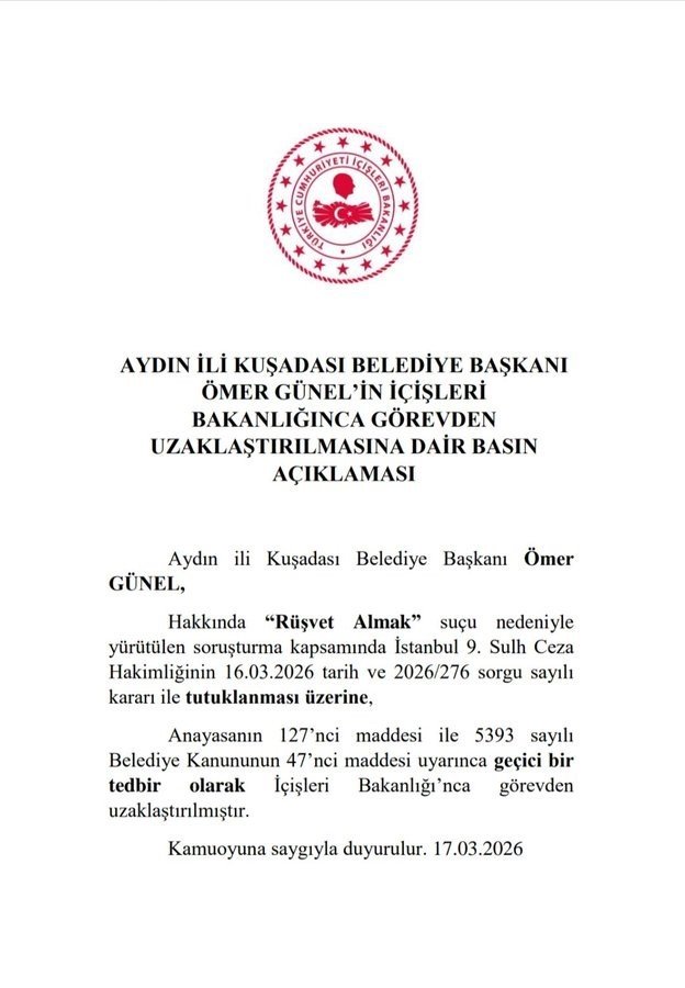 Kuşadası Belediye Başkanı Ömer Günel Görevden Uzaklaştırıldı