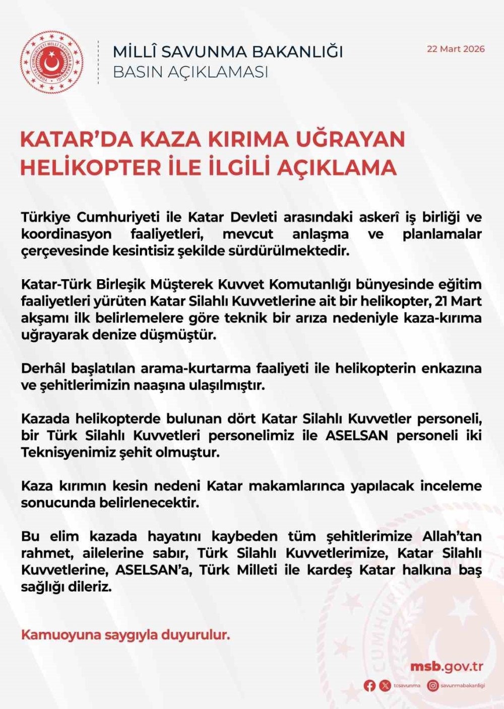Katar’da Askeri Helikopter Kazası.. 3 Türk Personel Hayatını Kaybetti!
