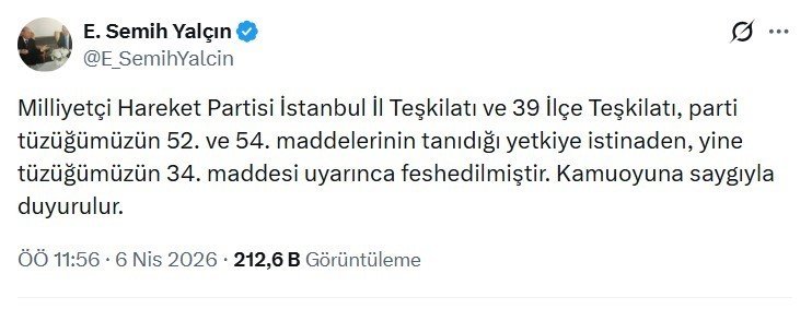MHP İstanbul İl Teşkilatı ve 39 İlçe Teşkilatı Birlikte Feshedildi