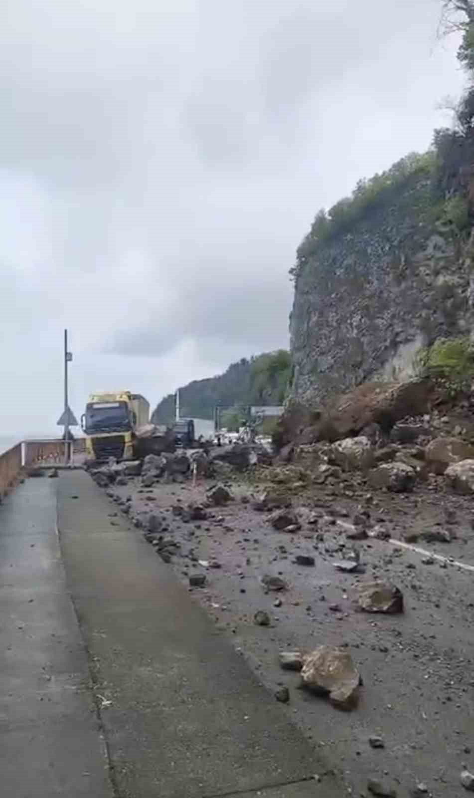 Sarp ‘Sınır Kapısı Yolu’nda Korkutan Heyelan.. Kaya Parçaları TIR’a İsabet Etti!
