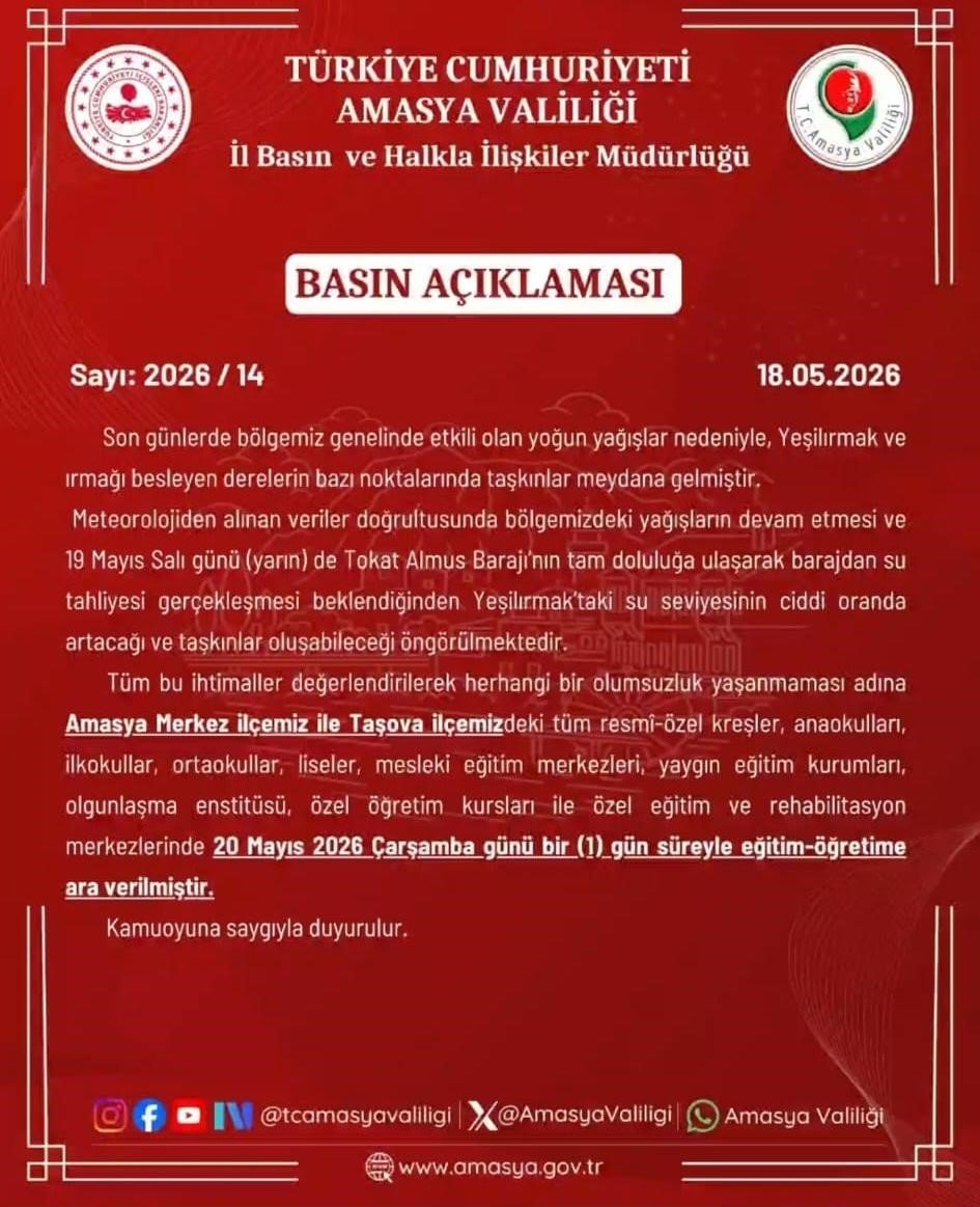 Amasya’da Taşkın Alarmı: Okullar 2 Gün Tatil Edildi