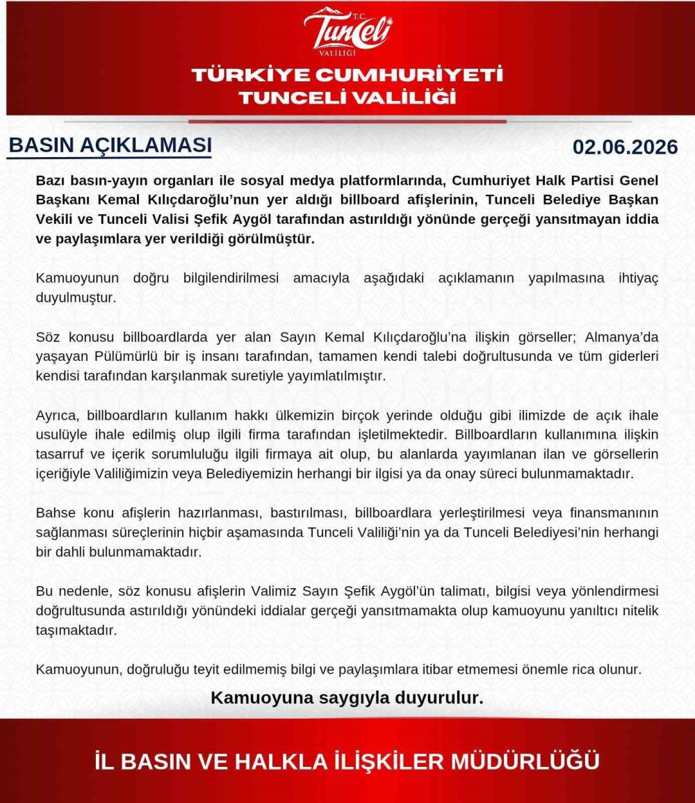 Tunceli Valiliği’nden Billboard İddialarına Yanıt.. Valilik ve Belediyenin Dahli Yok!