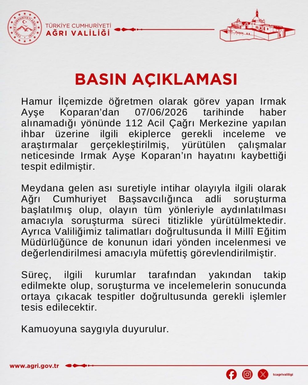 Hamur'da Yaşamını Yitiren Öğretmenle İlgili Gelişme.. Müfettiş Görevlendirildi!