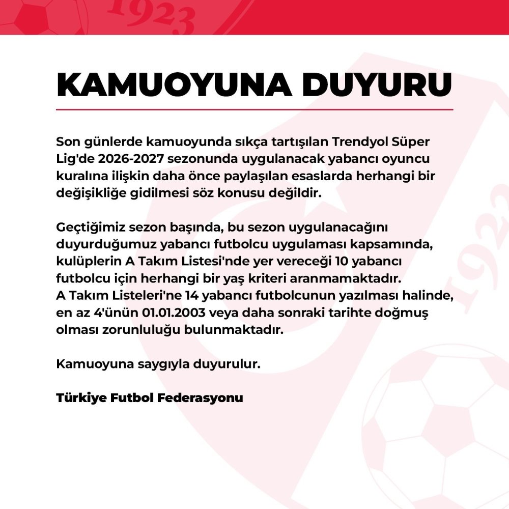 Süper Lig’de Yabancı Kuralı Netleşti.. TFF Yeni Sezonda Değişiklik Yapılmayacağını Duyurdu!