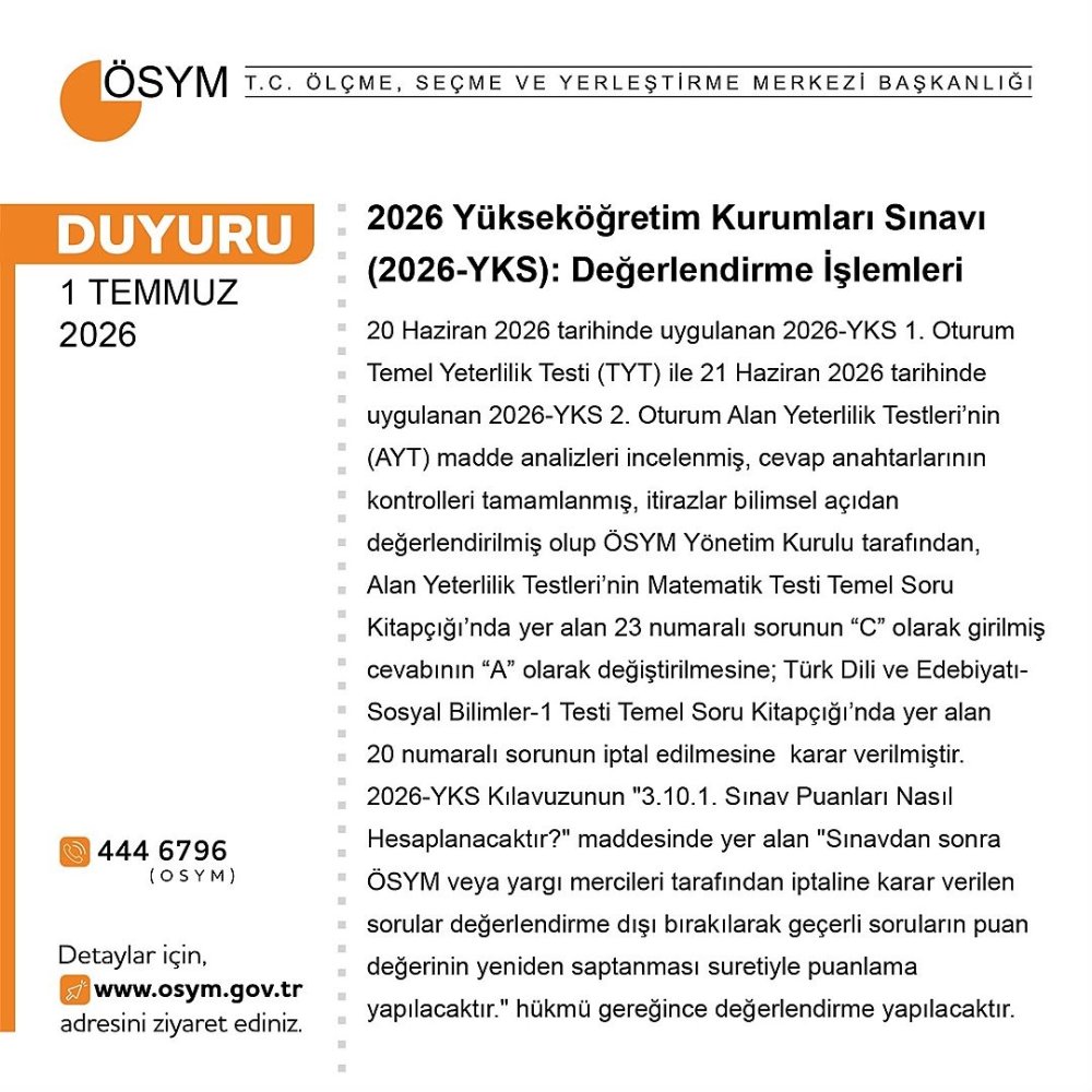 2026 YKS'de Değerlendirme Tamamlandı.. AYT'de İptal ve Cevap Değişikliği Kararı!