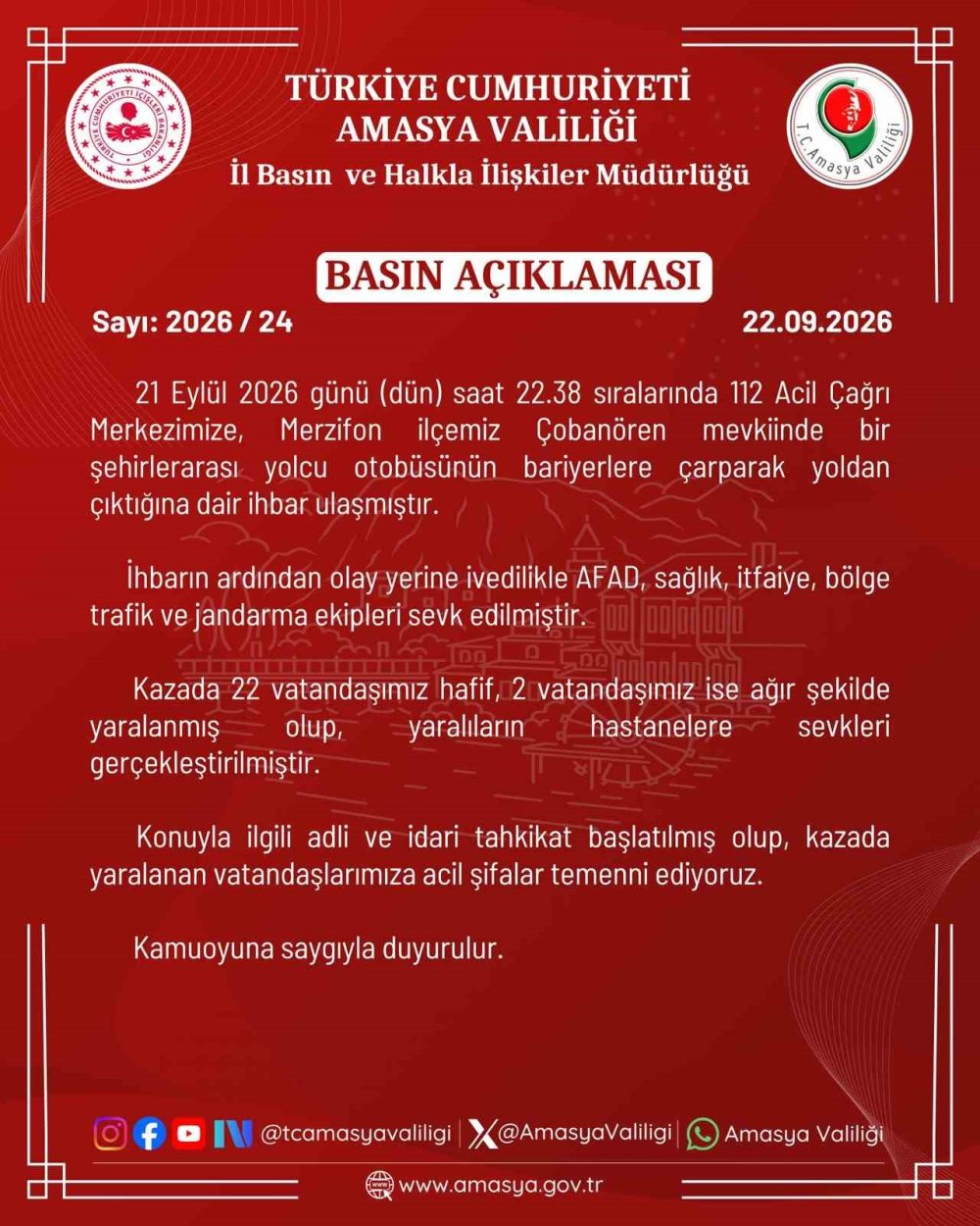 İstanbul-Ağrı Seferindeki Yolcu Otobüsü Kaza Yaptı.. Amasya’da 24 Kişi Yaralandı!