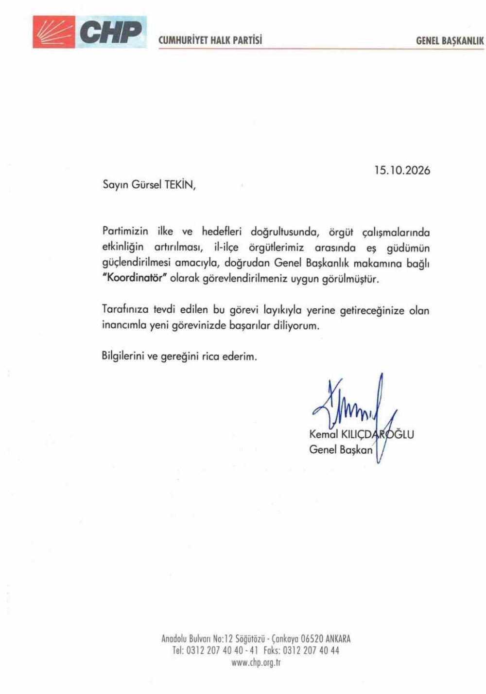 CHP’de Yeni Görevlendirme.. Gürsel Tekin Genel Başkanlığa Bağlı Koordinatör Oldu!